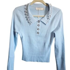 Lizette Collection Womens XL Blue Ribbed Pearl Embellished Collar  Sweater NWT